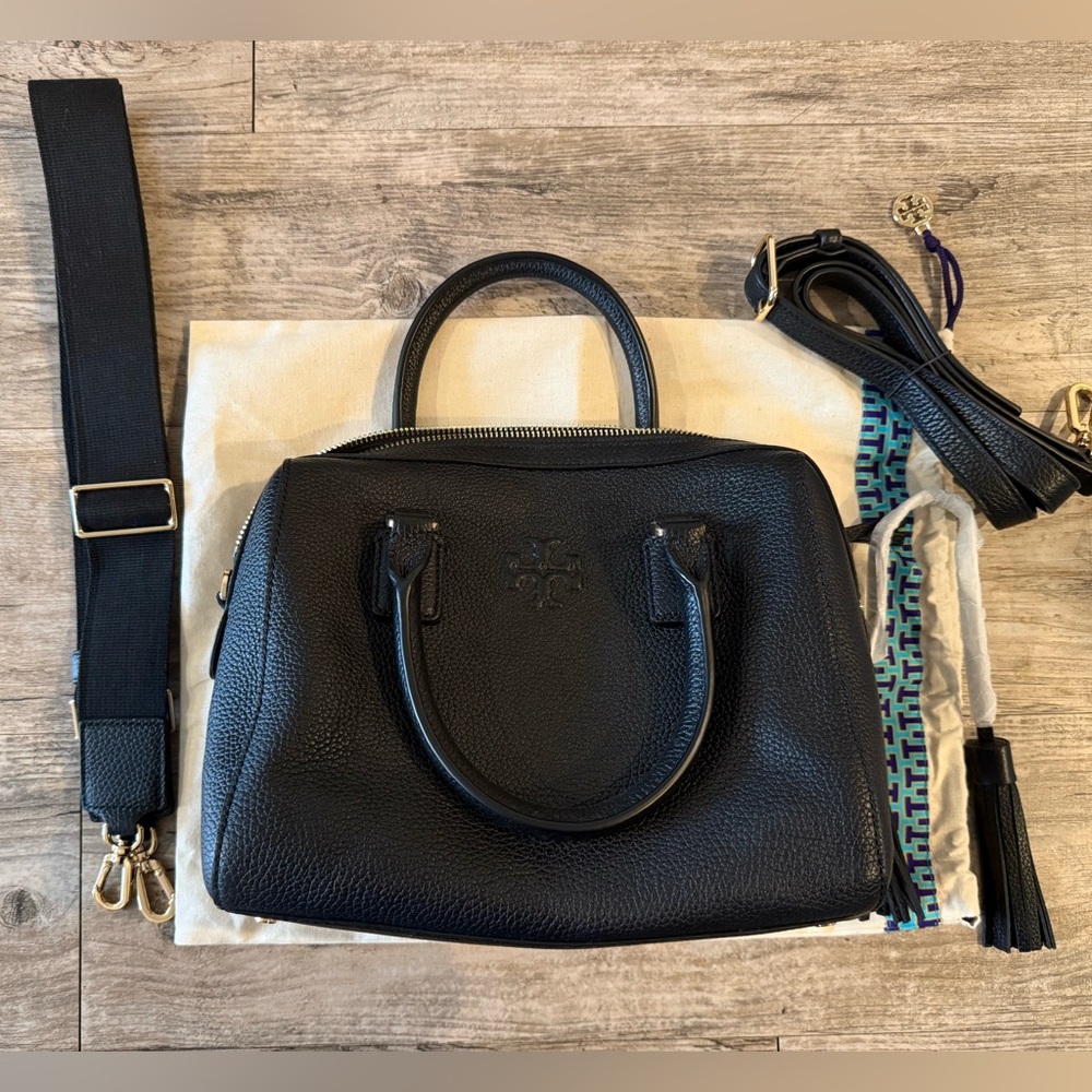 Tory Burch Thea Black Pebbled Leather Satchel / Handbag + Straps & Dust Bag